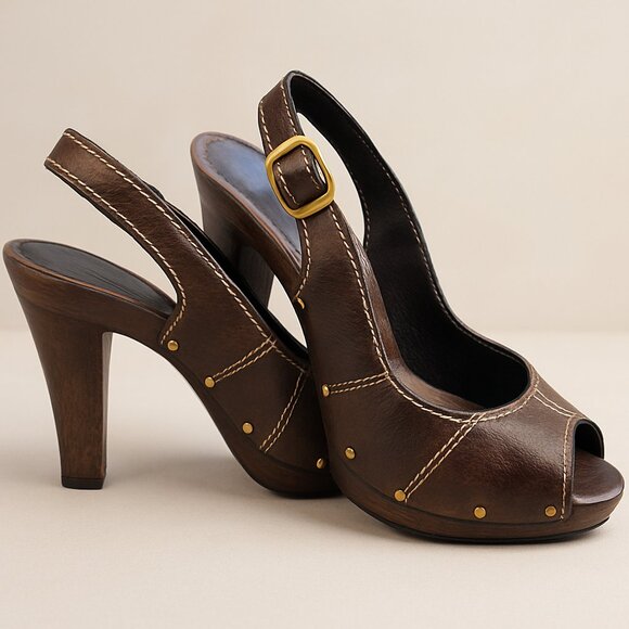 Richard Tyler Leather Slingback Wood Heel Sandals — Brown, Studded, Peep-Toe - Picture 1 of 2
